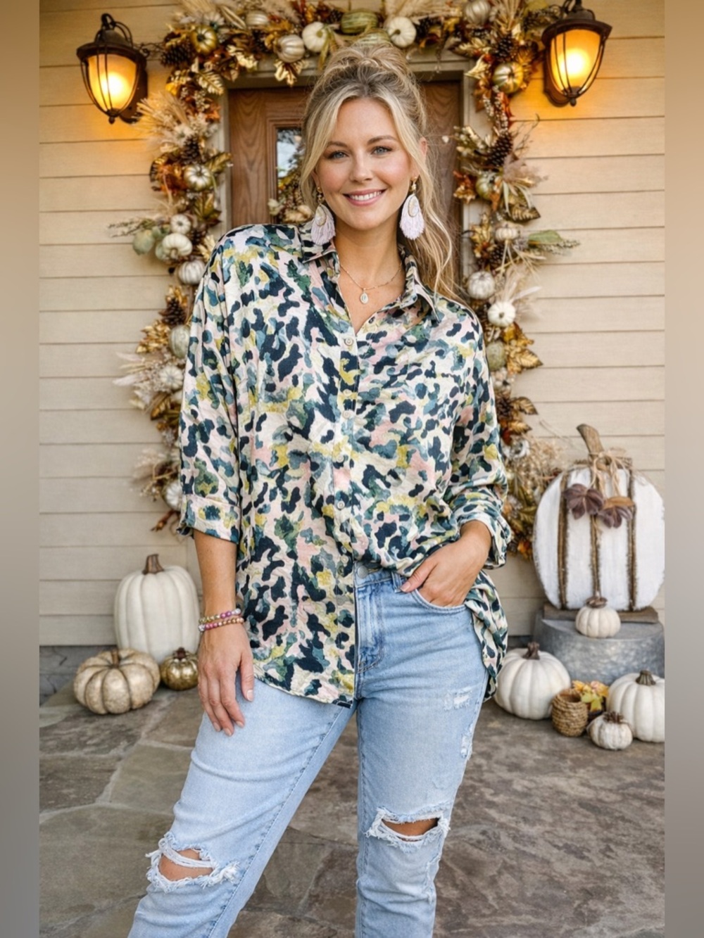 Entro Abstract Print Button Front Blouse